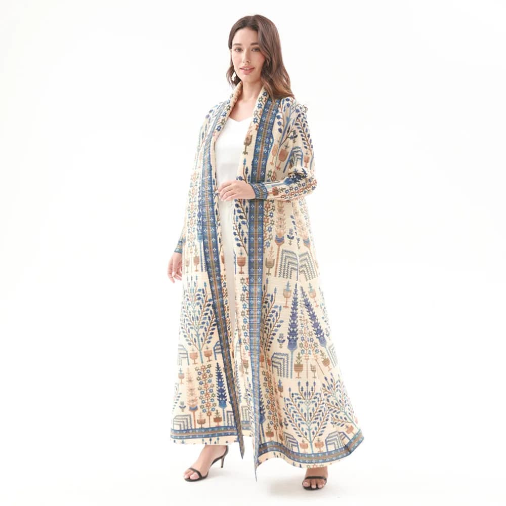 2025 Fashion Fair Isle Robe Pleated Commuting Abaya Miyake Front Open Vintage Long Coat Women Abaya - الصورة 3