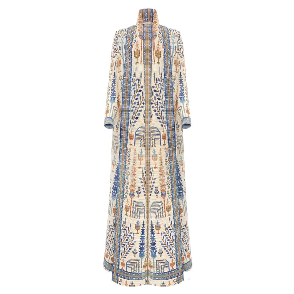 2025 Fashion Fair Isle Robe Pleated Commuting Abaya Miyake Front Open Vintage Long Coat Women Abaya - الصورة 7