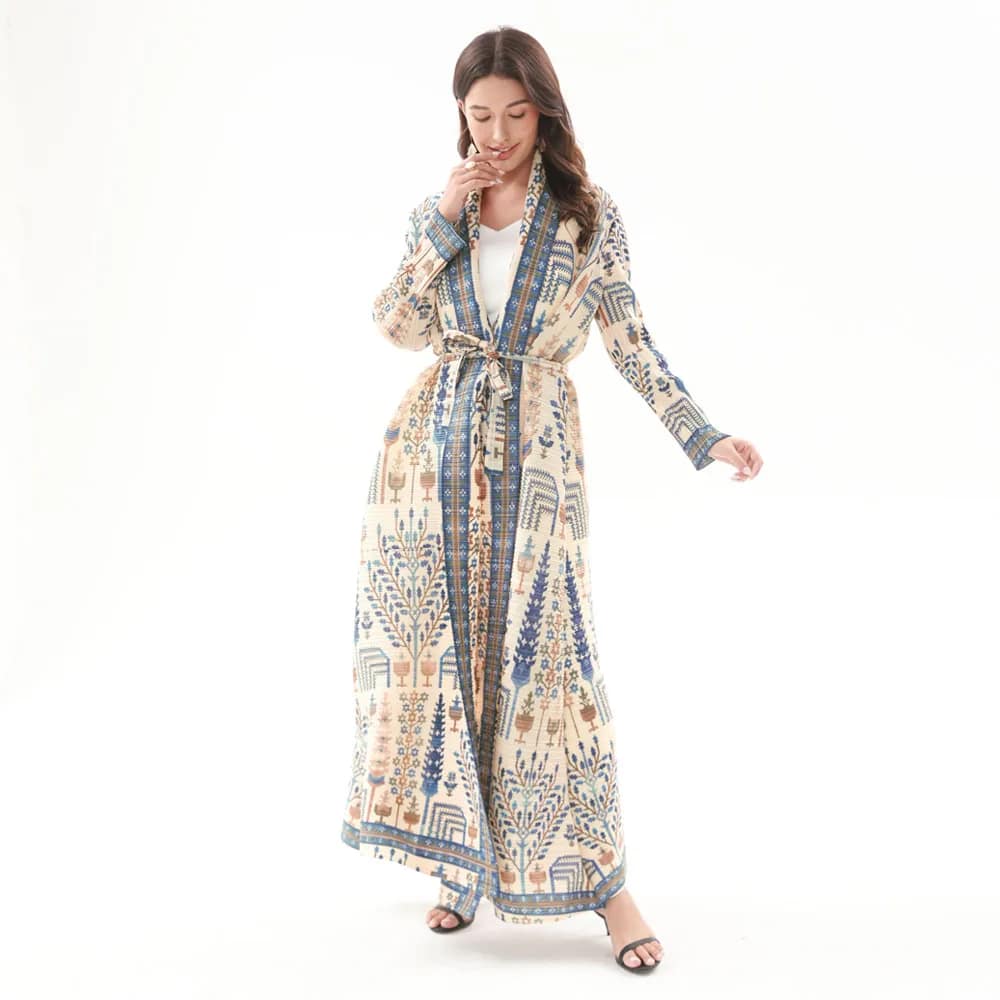 2025 Fashion Fair Isle Robe Pleated Commuting Abaya Miyake Front Open Vintage Long Coat Women Abaya - الصورة 4