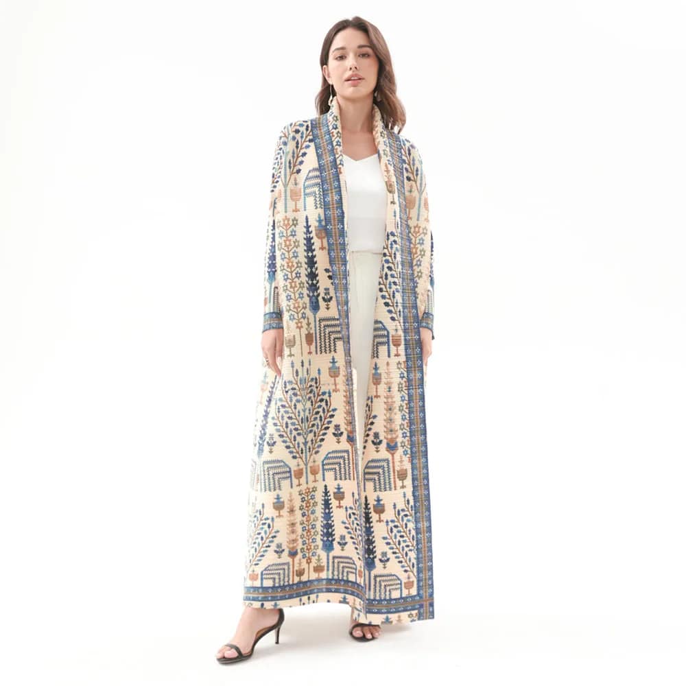 2025 Fashion Fair Isle Robe Pleated Commuting Abaya Miyake Front Open Vintage Long Coat Women Abaya - الصورة 2
