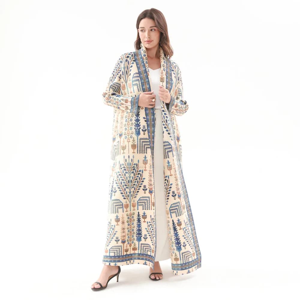 2025 Fashion Fair Isle Robe Pleated Commuting Abaya Miyake Front Open Vintage Long Coat Women Abaya