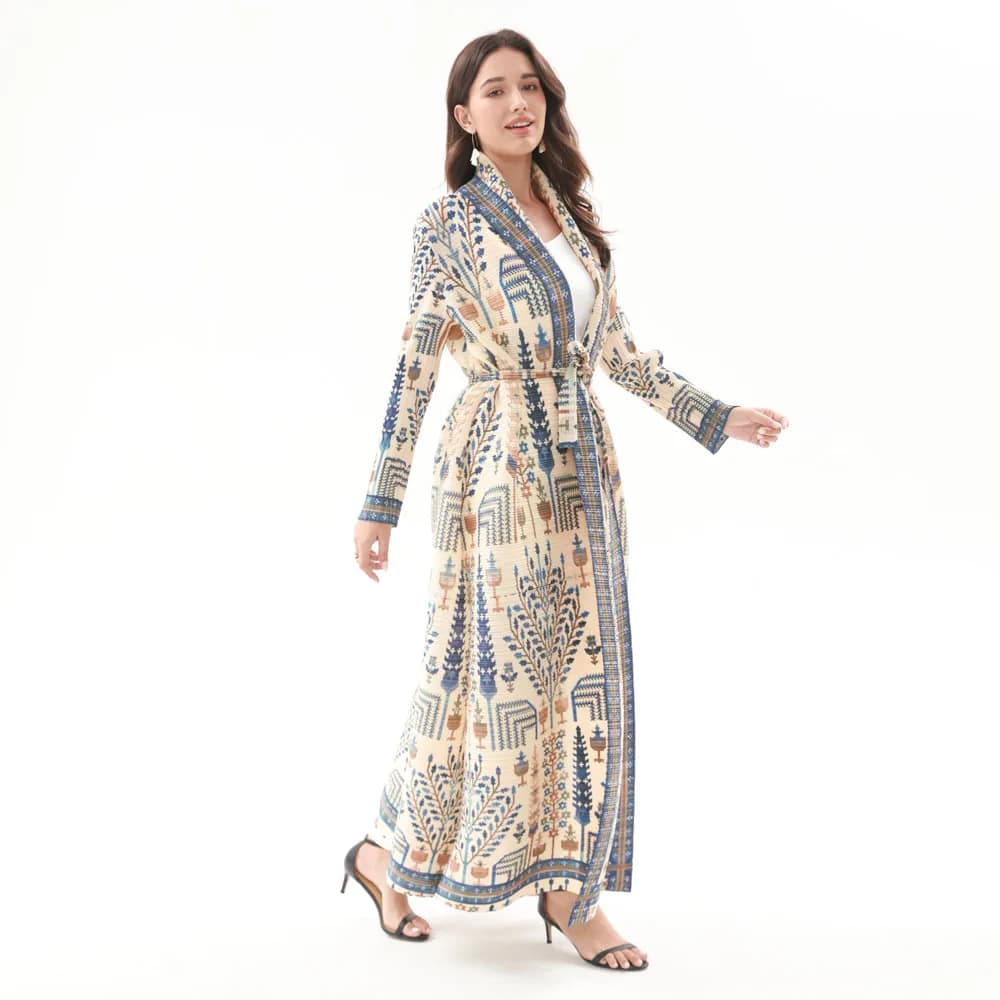 2025 Fashion Fair Isle Robe Pleated Commuting Abaya Miyake Front Open Vintage Long Coat Women Abaya - الصورة 5