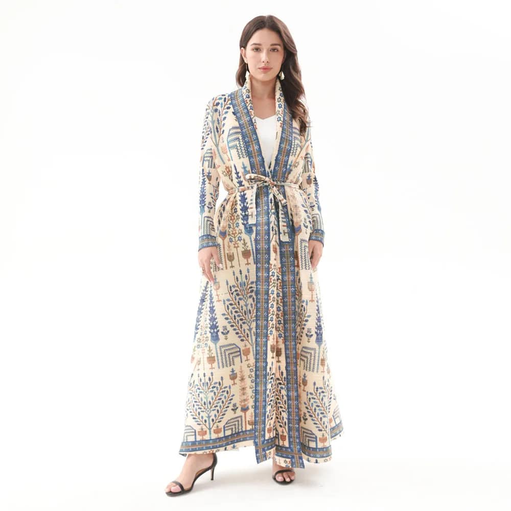 2025 Fashion Fair Isle Robe Pleated Commuting Abaya Miyake Front Open Vintage Long Coat Women Abaya - الصورة 6