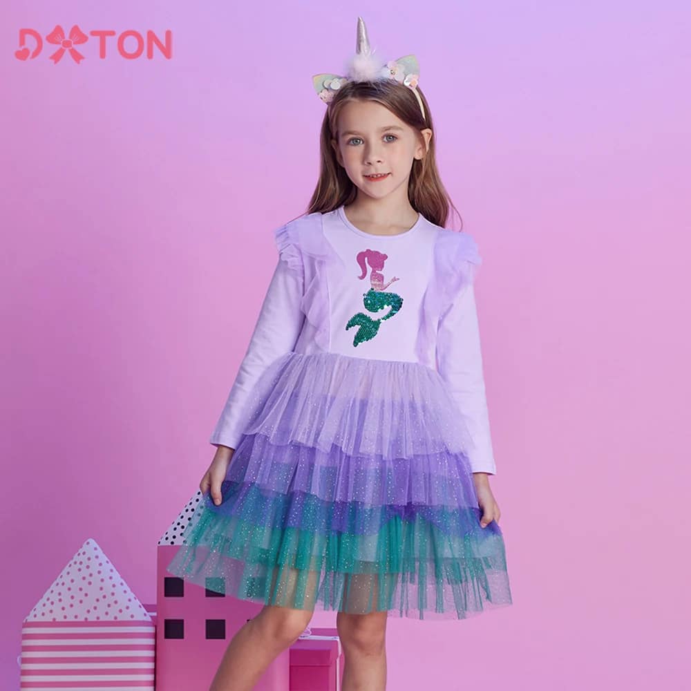 DXTON 2024 Girls Dresses Winter Children Birthday Party Costumes Mermaid Sequin Princess Tutu Dress Patchwork Toddler Mesh Dress
