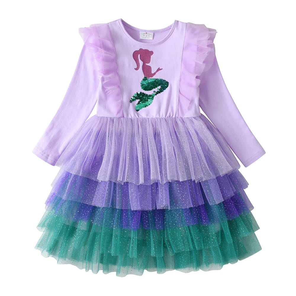 DXTON 2024 Girls Dresses Winter Children Birthday Party Costumes Mermaid Sequin Princess Tutu Dress Patchwork Toddler Mesh Dress - الصورة 3