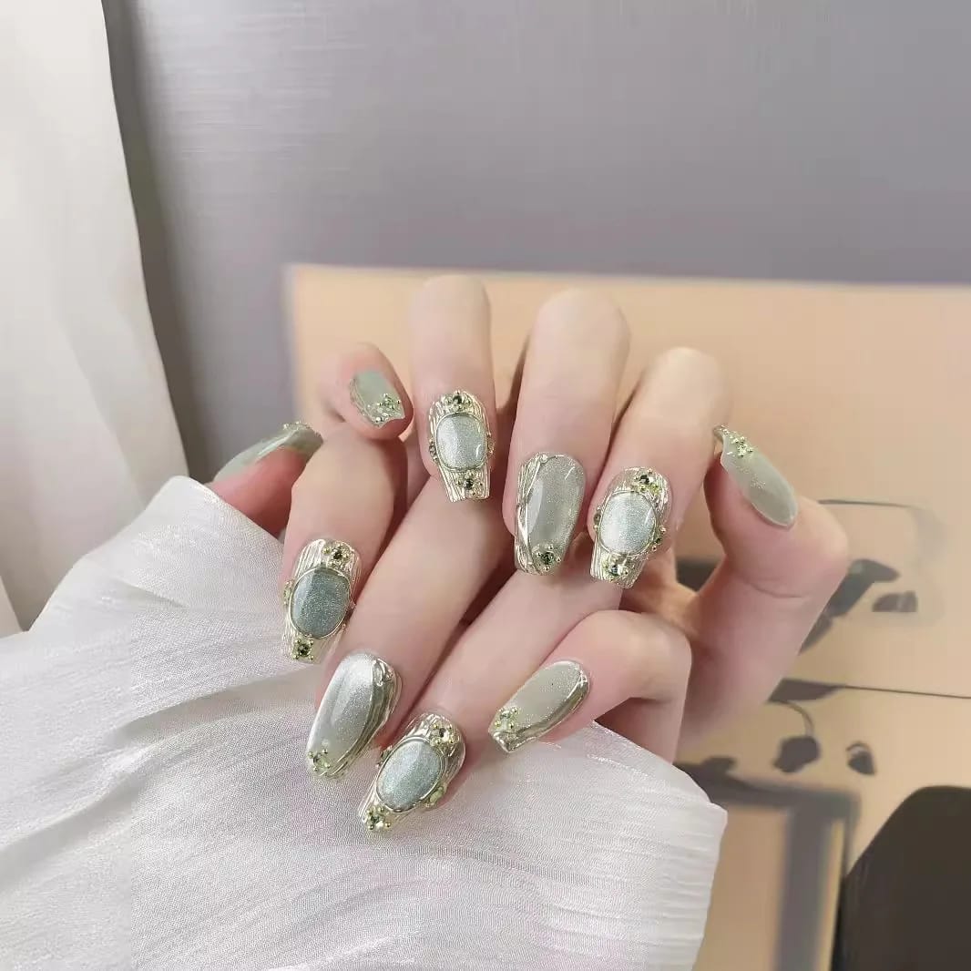 10Pcs Green Cat Eye Handmade Press on Nails Fake Nails Wearable Stick-on Nails False Nail Uñas Накладные Ногти Faux Ongles 네일팁 - الصورة 4