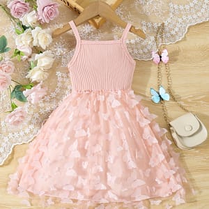 Summer Toddler Kids Girl's Clothes Baby's Butterfly Decor Mesh Splicing Cami Dress Elegant Sleeveless Princess Dress