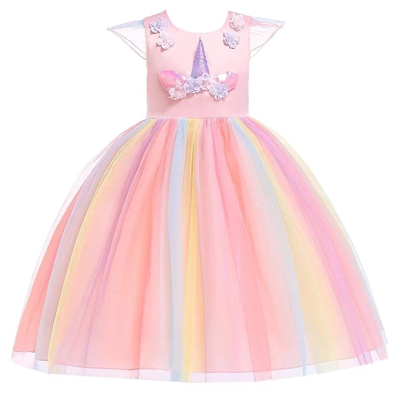 Kids Unicorn Dress for Girls Party Dresses Flower Appliques Ball Gown Little Girl Princess Costumes Summer Children Clothing - الصورة 9