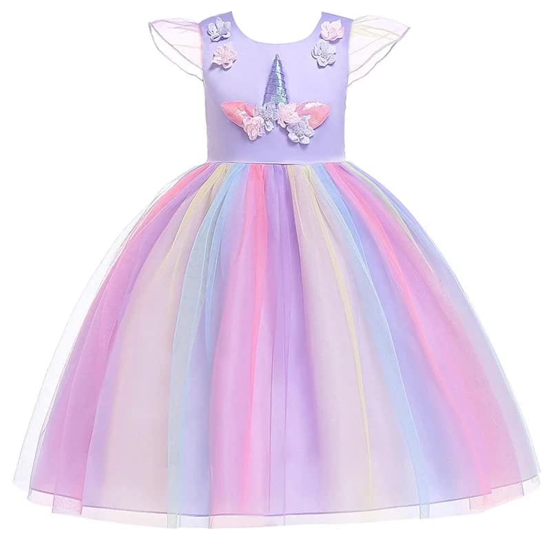 Kids Unicorn Dress for Girls Party Dresses Flower Appliques Ball Gown Little Girl Princess Costumes Summer Children Clothing - الصورة 11