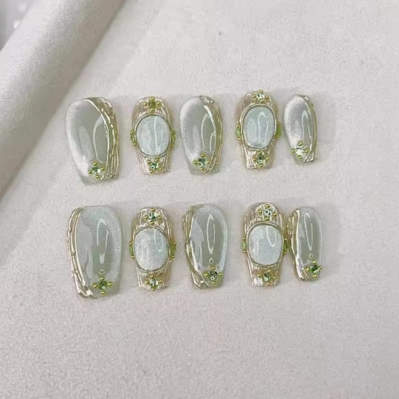 10Pcs Green Cat Eye Handmade Press on Nails Fake Nails Wearable Stick-on Nails False Nail Uñas Накладные Ногти Faux Ongles 네일팁 - الصورة 3